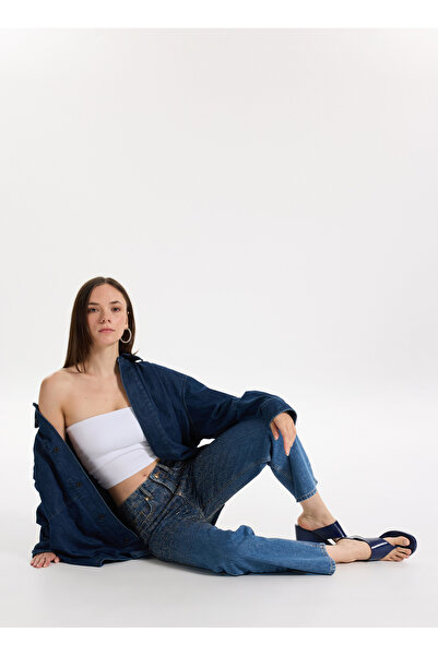 Just Cavalli Yüksek Bel Düz Paça Standart İndigo Kadın Denim Pantolon 78PAB5S7