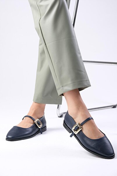 Mio Gusto Camille Navy Blue Women's Ballerinas - Side Buckle Shoes