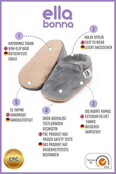 Ella Bonna Gray Velvet Baby Booties - Non-Slip Sole Home Boots Slippers Nursery Shoes