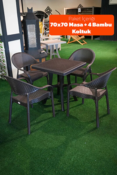 Alezy Bambu Balkon Bahçe Masa Takımı 4 Kişilik 70x70 Masa 4 Adet Bambu Koltuk...