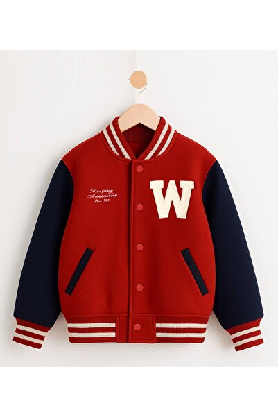 Uğur bebe 100% Cotton 3-Thread Ribbed College Children's Cardigan Jacket – Red Navy Blue, Snap Fasteners, Letter W
