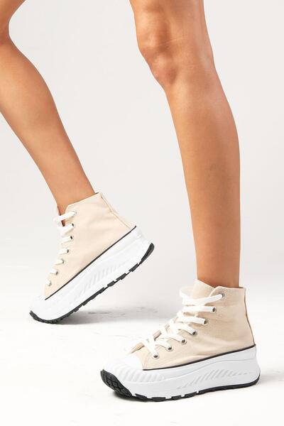 Mio Gusto Bendis Beige Color Linen Thick Sole High Top Casual Women's Sneakers