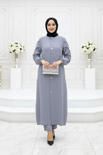 Mercan Ayça Takim Gray Buttoned Hijab Tunic Trousers Set Aerobin Fabric Relaxed Fit