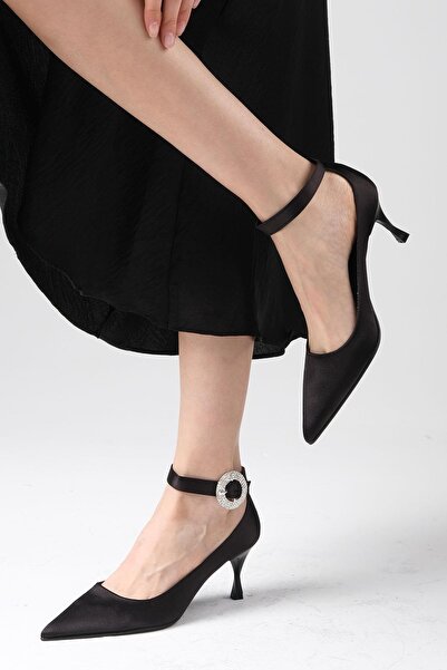 Mio Gusto Felicia Black Color Satin Fabric Stoned Buckle Women's Evening Dress Heeled Shoes