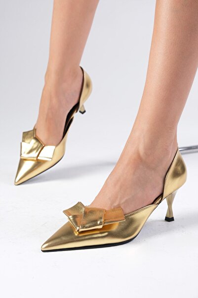 Mio Gusto Alexa Metallic Gold Color Pointed Toe Bow Accessory Women's Heeled Party and Evening Shoes