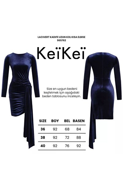 Keikei Lacivert kadife uzun kol kısa elbise