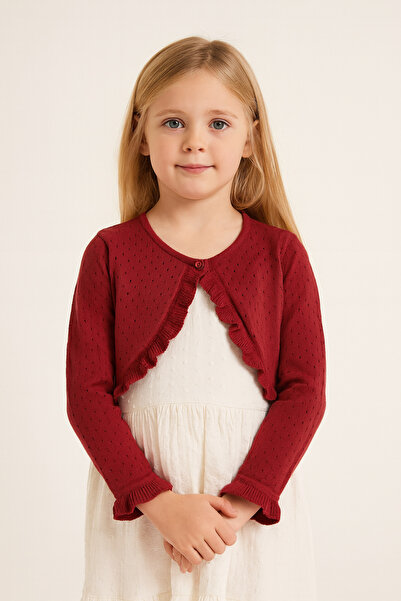 Minora 3-6 Years Old Red Knitwear Bolero - Openwork and Ruffle Detail