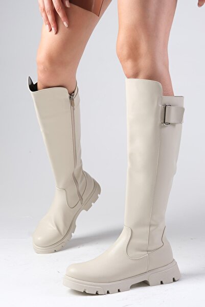 Mio Gusto Dámské kozačky na boční zip se silnou podrážkou béžové barvy