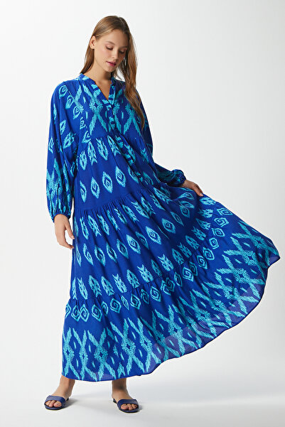 Ritnice Modest Women's Megan 100% Viscose Maxi Length Blue Layered Balloon Sleeve Long Summer Dress