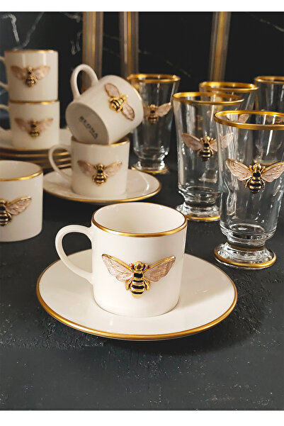 REGNA HOME Fine Living طقم فناجين قهوة من البورسلين مكون من 18 قطعة من Regna Home Queen Bee تتسع لـ 6 أشخاص مع كؤوس مذهبة