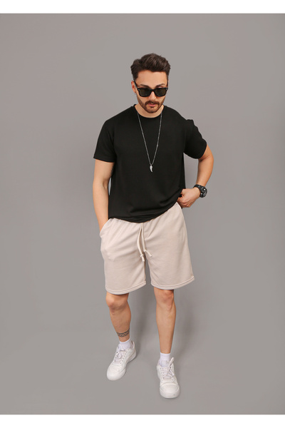 INFLUYENTE Pánské béžové letní šortky z piqué tkaniny Baggy střih s dvojitým pasem a elastickým pasem