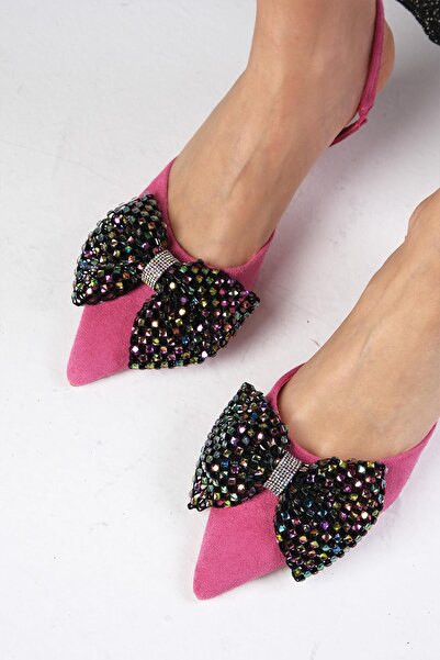 Mio Gusto Melody Fuchsia Color Suede Bow Accessory Open Back Women's Heeled Party Shoes