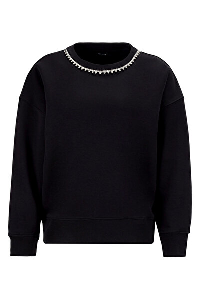 Fabrika Bisiklet Yaka Taşlı Siyah Kadın Sweatshırt F5WL-SWT0036