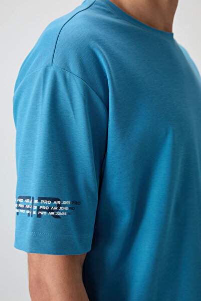 AIR JONES Ανδρικό μπλουζάκι βενζινοκίνητο μπλε βαμβακερό με χοντρή επιφάνεια με υφή Oversize Fit Printed T-shirt - 88369
