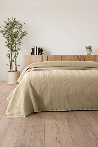 Sevim 100% Cotton Double Bed Kopanaki Lace Waffle Blanket - 210x230 cm - Beige Honeycomb Blanket