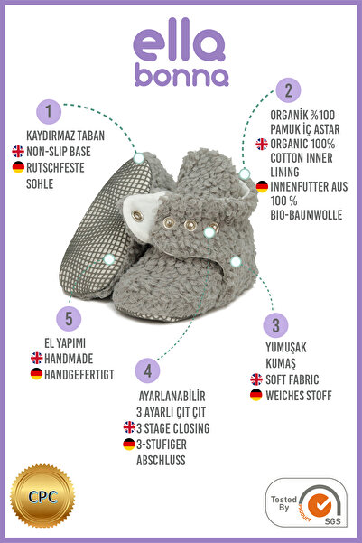 Ella Bonna Gray Organic Cotton Lined - Non-Slip Sole Baby Shoes and İlkadım Home Shoes