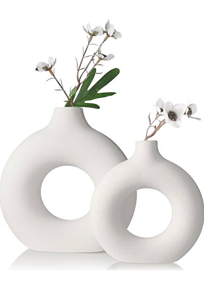 Genel Markalar Bohem Halka Vazo Set (BÜYÜK 17X18CM, KÜÇÜK 14X15CM) Dekoratif, Hediyelik Ham Beyaz