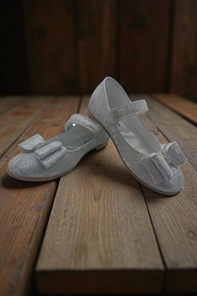 ForYou4 Kız Bebek Çocuk Gri Simli Fiyonklu Cırtlı Babet günlük