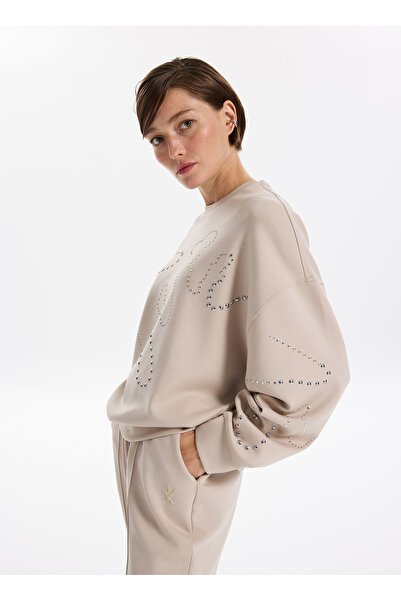 Fabrika Bisiklet Yaka Taşlı Bej Kadın Sweatshırt F5WL-SWT0034