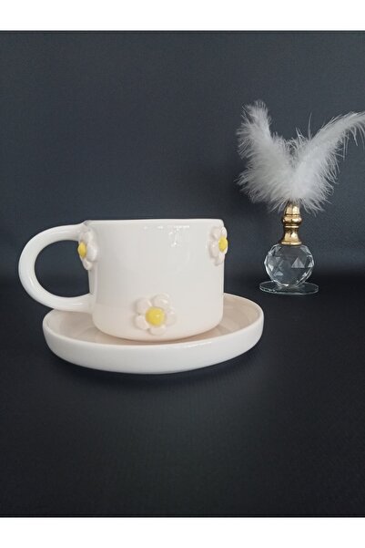 Zümrüdüanka Seramik Daisy Embossed Handmade Ceramic Coffee Cup