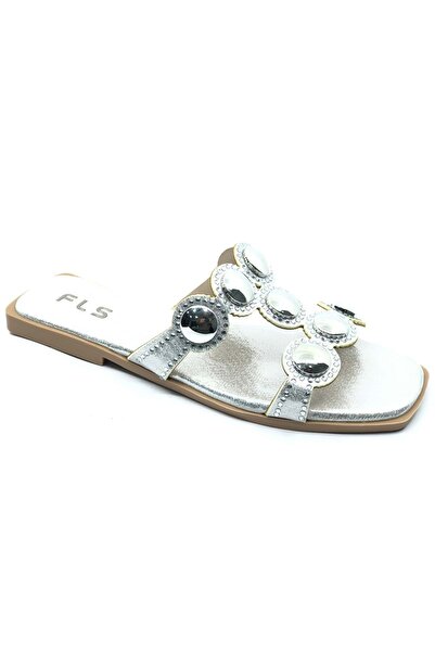 KCMN Feles Thin Sole Stone Detailed Women's Slippers Silver