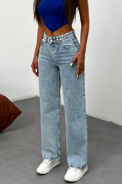 BİKELİFE Women's Light Blue Snow Wash High Waist Lycra Stretchy Wide Leg Jeans