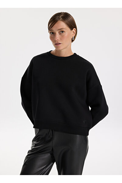 Fabrika Bisiklet Yaka Düz Siyah Kadın Sweatshırt RAVELLO-Y