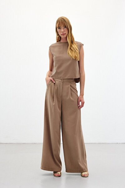 Sateen Wide Leg Trousers - Mink