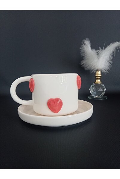 Zümrüdüanka Seramik Heart Embossed Handmade Ceramic Coffee Cup