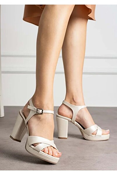 Kocamanlar Ayakkabı Feles Cross 10 cm Platform Heeled Women's Evening Dress Shoes White