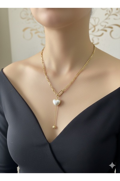 bettin tasarım Altın Renk Kalın Zincirli İncili Kalp Uçlu Kadın Çelik Kolye