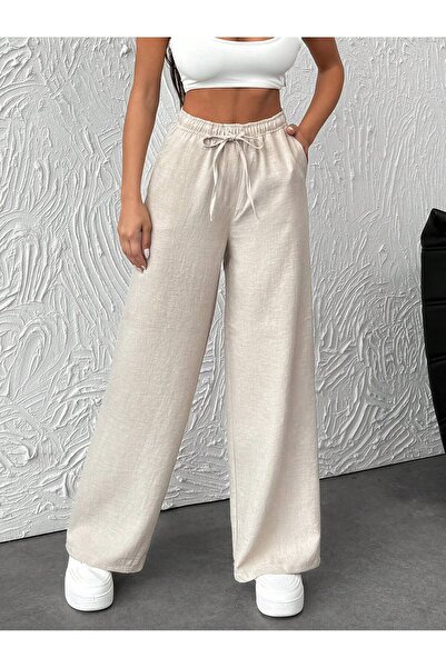 ZEYNEP RANA Women's Linen Blend Elastic Drawstring Wide Leg Pants with Pockets