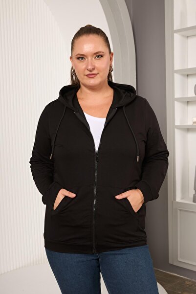 RMG Large Size Black Tracksuit Top with Zipper Detail