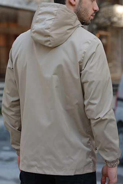 Goccix Erkek Bej Astarlı Kapüşonlu Cepli Yağmurluk - Rüzgarlık Ceket