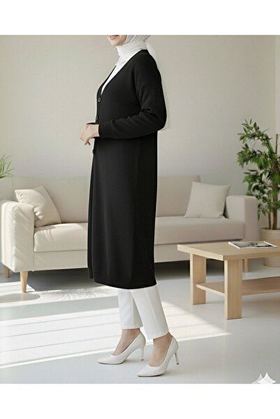 Modamorfo Corded Fabric long cardigan with buttoned fabric - black