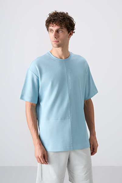 TOMMY LIFE Світло-блакитна бавовняна товста текстурована футболка оверсайз базового крою 88337