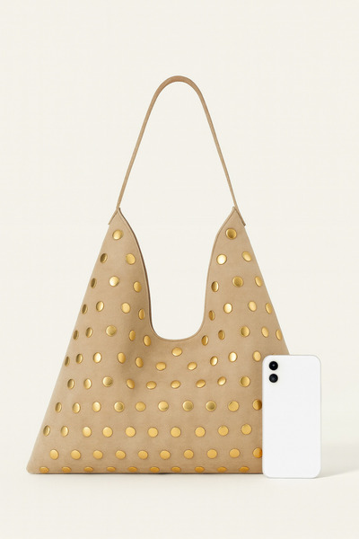 ESTUTE Luxury Suede Leather Gold Stone Iconic Triangle Shoulder Bag