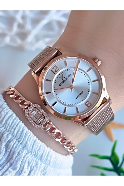 Daniel Klein 24 Ay Garantili Roze Gold Hasır Çelik Kararmaz Kordon 30 Mt Suya Dayanıklı Kol Saat Bilelik