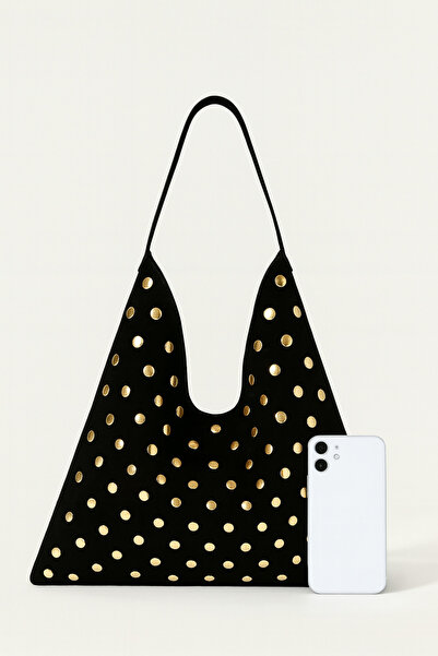 ESTUTE Lüks Suet Deri Gold Taşlı İkonik Üçgen Omuz Çantası