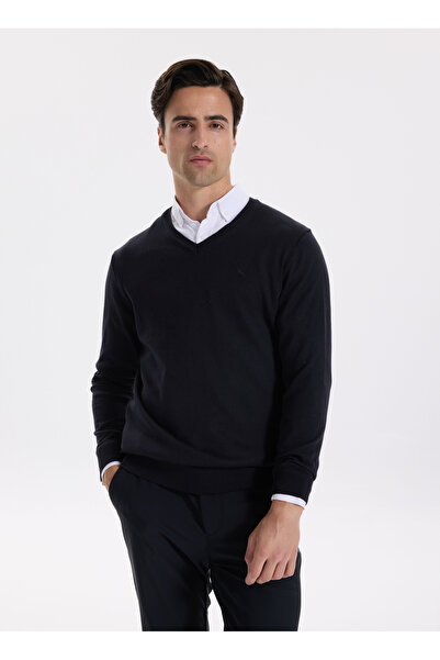 Fabrika V Yaka Basic Düz Lacivert Erkek Kazak F5WM-KZK 2557