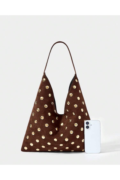 ESTUTE Lüks Suet Deri Gold Taşlı İkonik Üçgen Omuz Çantası