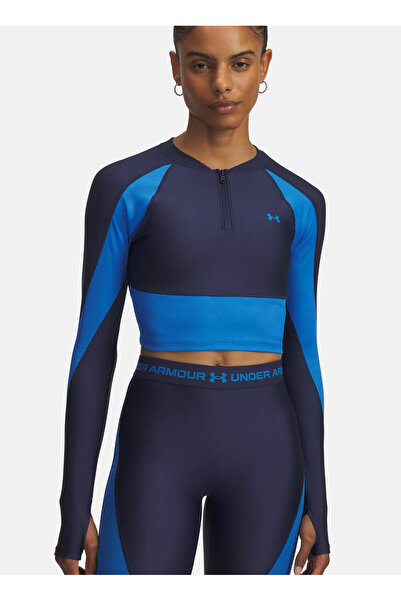 Under Armour 6003981-403-UA HG Rib 1/4 Zip Mavi Fermuarlı Yaka Crop Parçalı Kadın T-Shirt