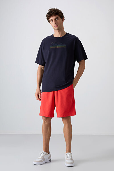 TOMMY LIFE Темно-синя бавовняна товста м'яка текстурована футболка з принтом великого розміру - 88334 - Чоловіча футболка з принтом - 88334