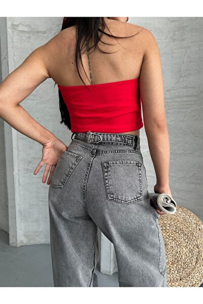 DESTEMODA Pantaloni largi de damă cu cataramă pentru curea, efect de jeans de...