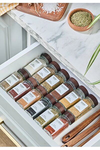 magical dreams 12’li Baharatlık Akasya Kapaklı Kavanoz,Baharatlık Seti Cam ,(16 etiket Hediye)