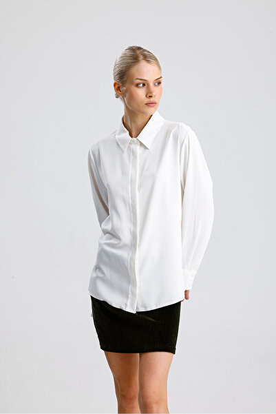Sense Γυναικείο πουκάμισο με μακρυμάνικο κρυφό πατιλέτα από ύφασμα Dubai |   GML36145 Λευκό