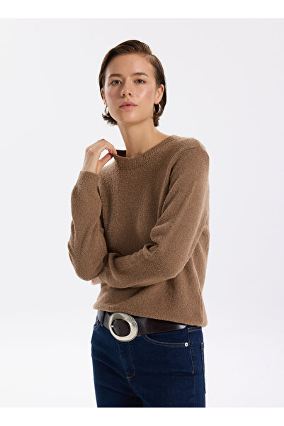 Fabrika Bisiklet Yaka Relaxed Düz Açık Kahve Kazak Kadın F5WL-KZK0421