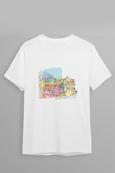 Justime Design Neighborhood Waltercolor Front Print Oversize Cotton Crew Neck...