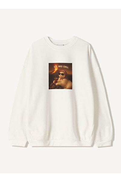 Disante سويت شيرت للجنسين بمقاس كبير مطبوع عليه She Was Chill – ياقة دائرية، ...