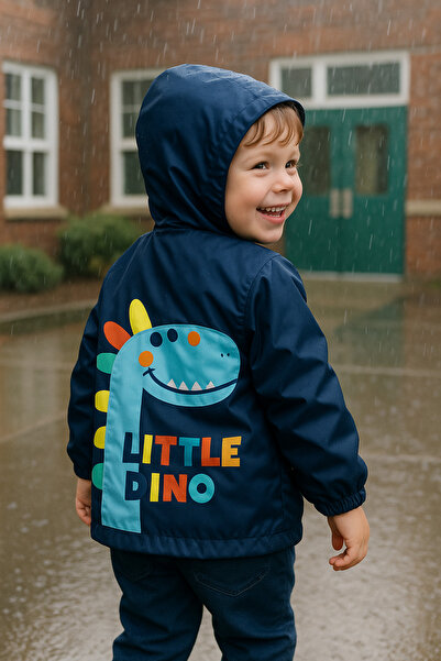 Mika Bebek & Çocuk ديناصور منقوشة مقنعين الصبي معطف واق من المطر الأزرق الداكن